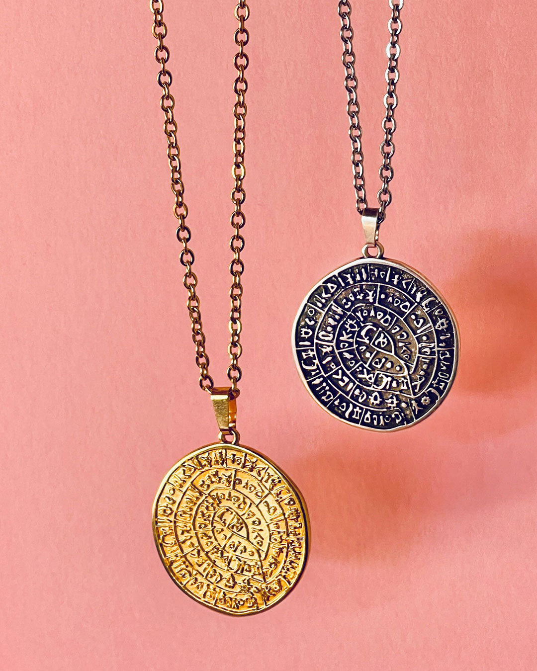 Phaistos Disc Pendant Necklace in gold and silver