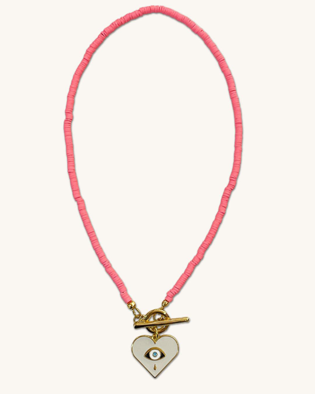 Toggle necklace with pink heishi beads and a heart pendant