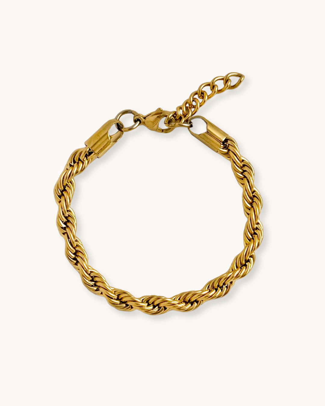 Waterproof 6mm gold rope chain bracelet on a neutral background