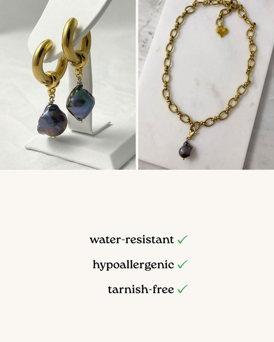 Black baroque pearl pendant necklace with a matching hoop earrings, jewelry bundle set