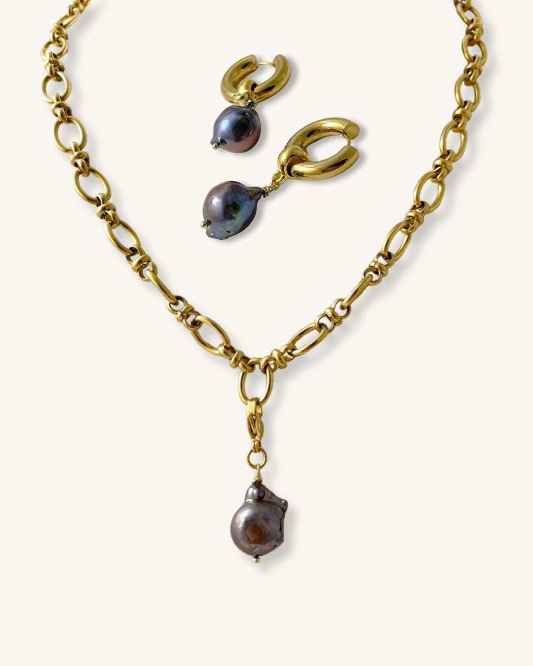 Black baroque pearl pendant necklace with a matching hoop earrings, jewelry bundle set