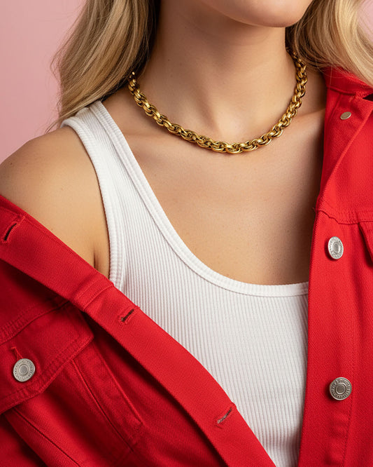 Model wearing Chunky Chain Necklaces in gold