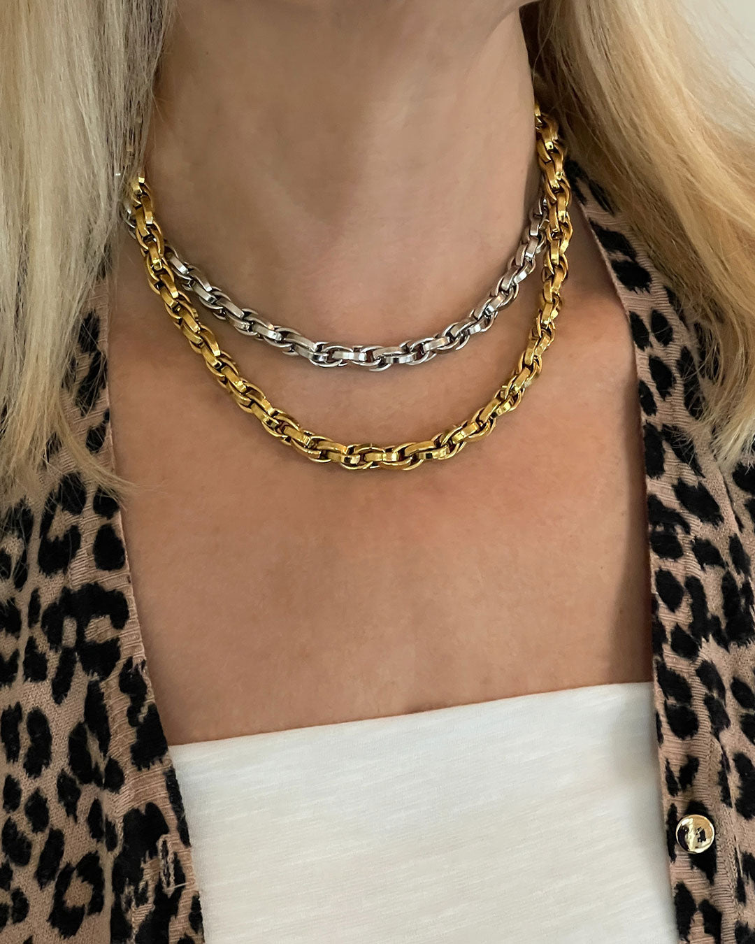 Model wearing Chunky Chain Necklaces in gold and silver