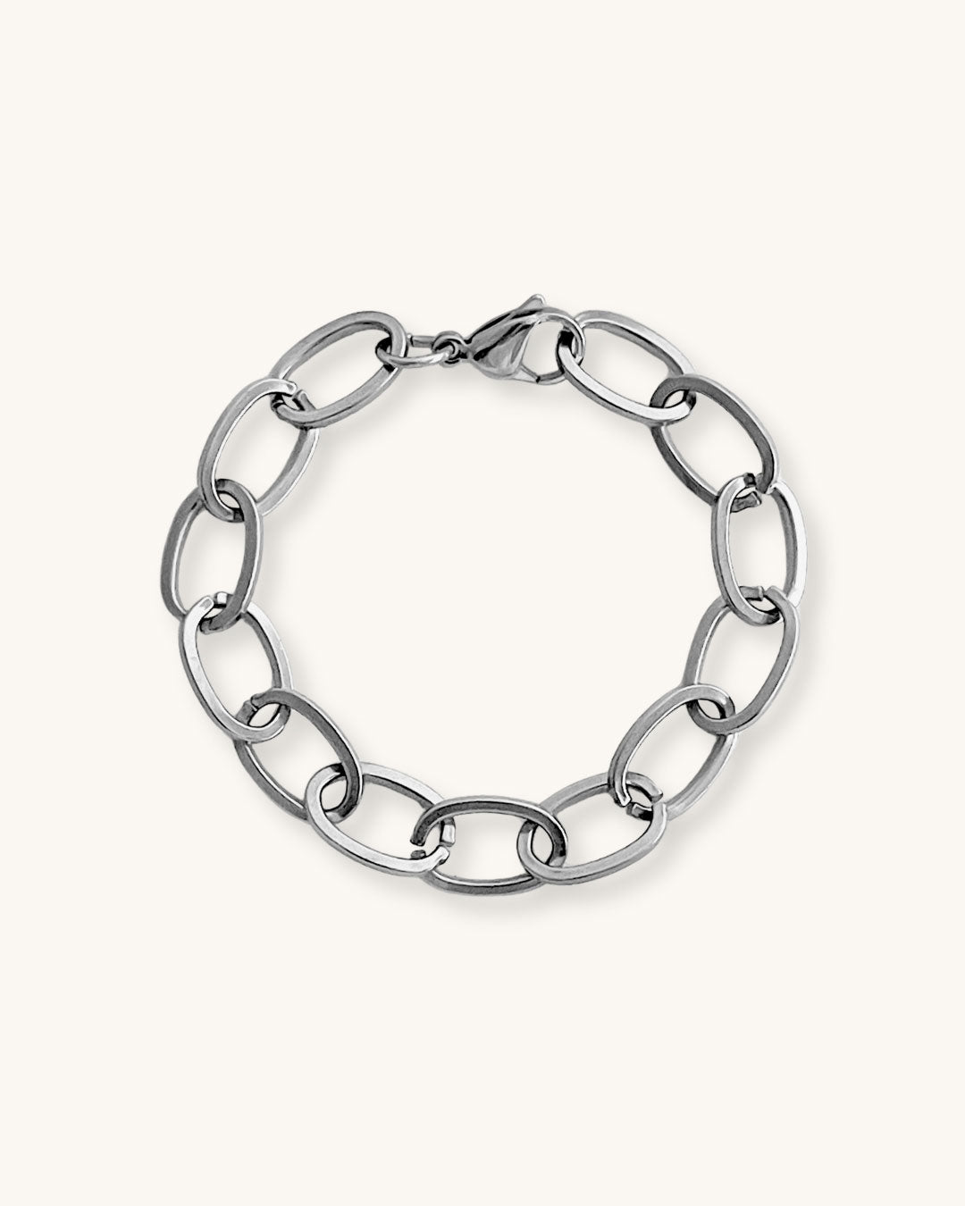 Chunky oval links chain bracelet in silver on a white background