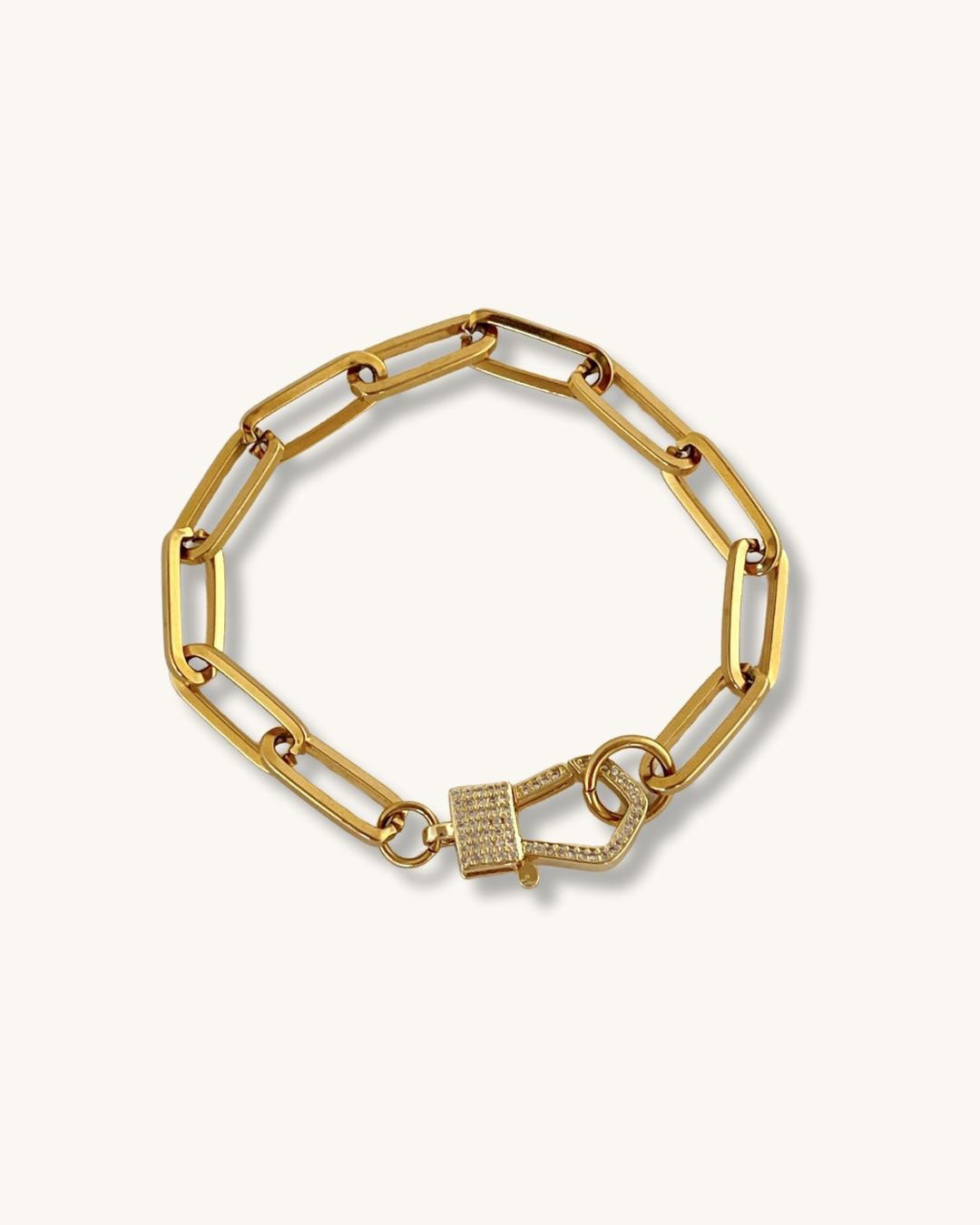 A chunky paperclip chain bracelet with a lobster clasp full of cubic zirconia