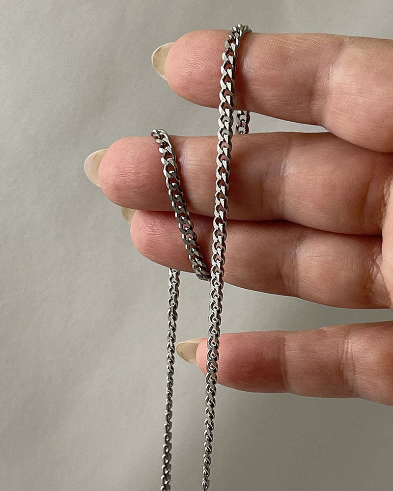 A silver curb long chain necklace 3 mm wide perfect for layering
