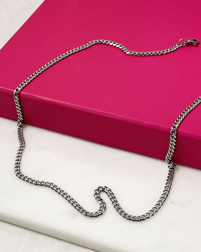 A silver curb long chain necklace 3 mm wide perfect for layering