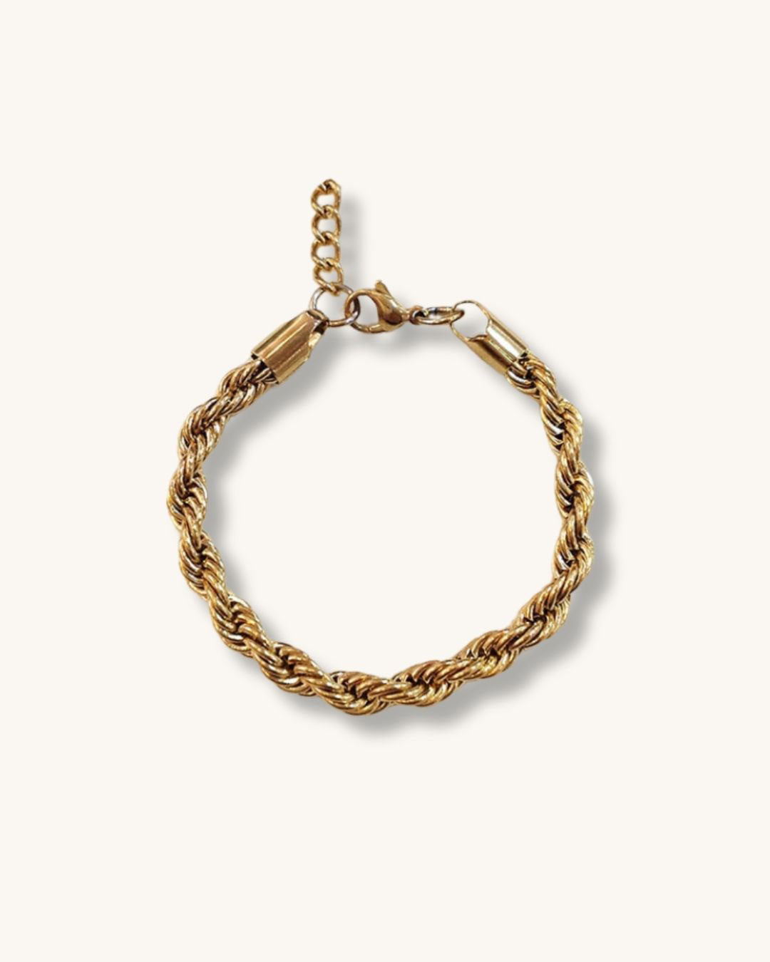 Waterproof gold rope chain bracelet on a neutral background