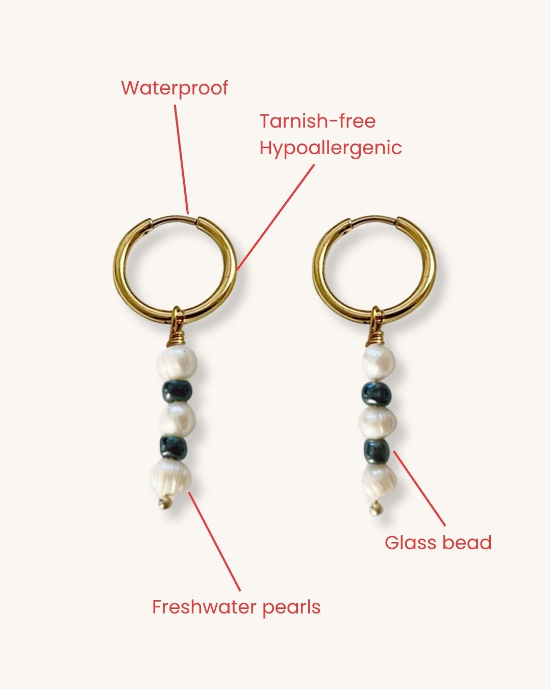 The Lady Hoop Earrings, a pair of gold hoop earrings featuring freshwater pearls and black glass beads.