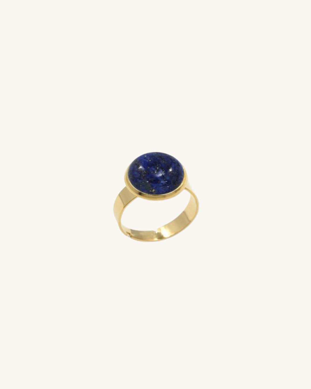 A gold waterproof adjustable band ring with a lapis lazuli stone