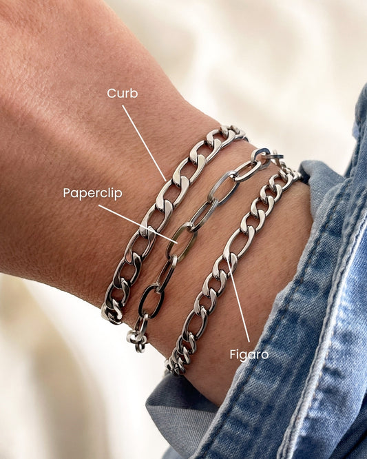 Three silver chain bracelets stacked on a wrist. The top bracelet is labeled 'Curb', the middle bracelet is labeled 'Paperclip', and the bottom bracelet is labeled 'Figaro'.