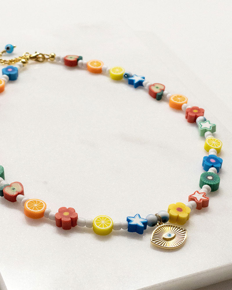Colorful Beaded Summer Necklace With An Evil Eye Pendant