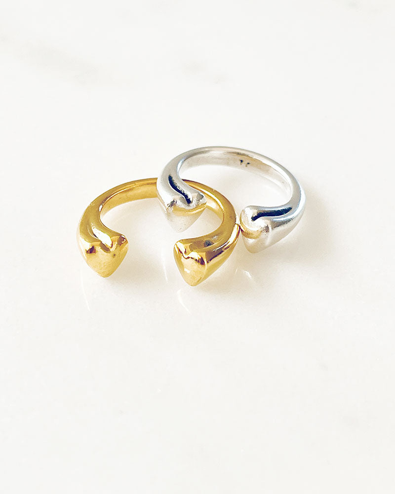 Gold and silver double heart rings with a slightly adjustable band, displayed against a white background.