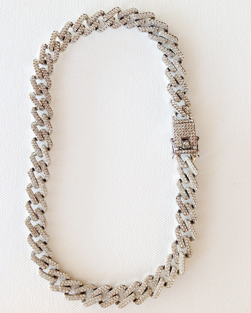 Chunky Silver Chain Necklace in White Crystals