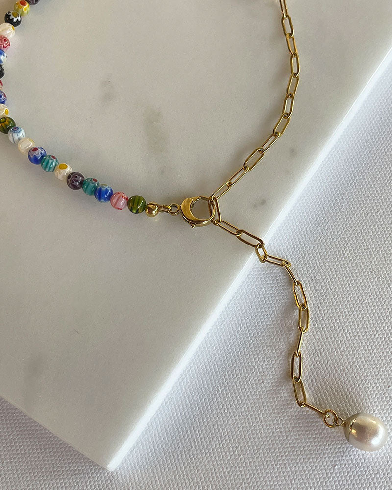 Half murano millefiori beads half gold paperclip chain necklace