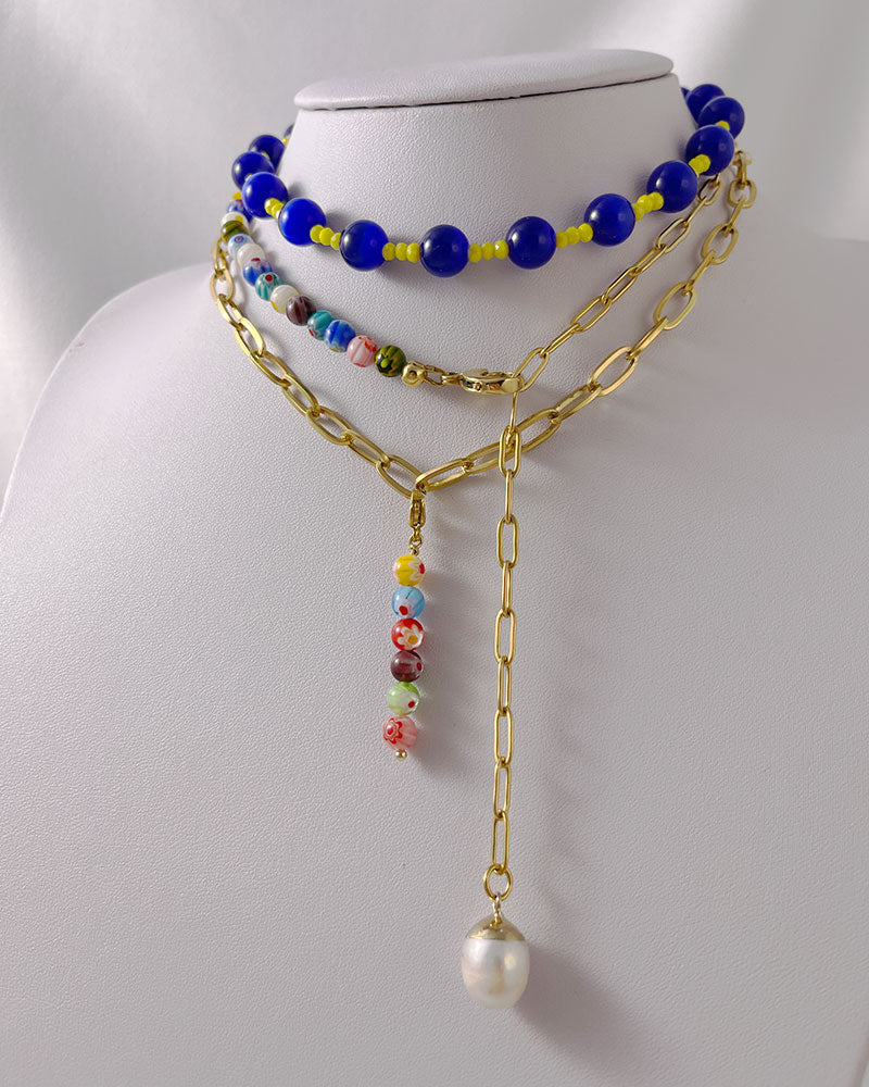 Half murano millefiori beads half gold paperclip chain necklace
