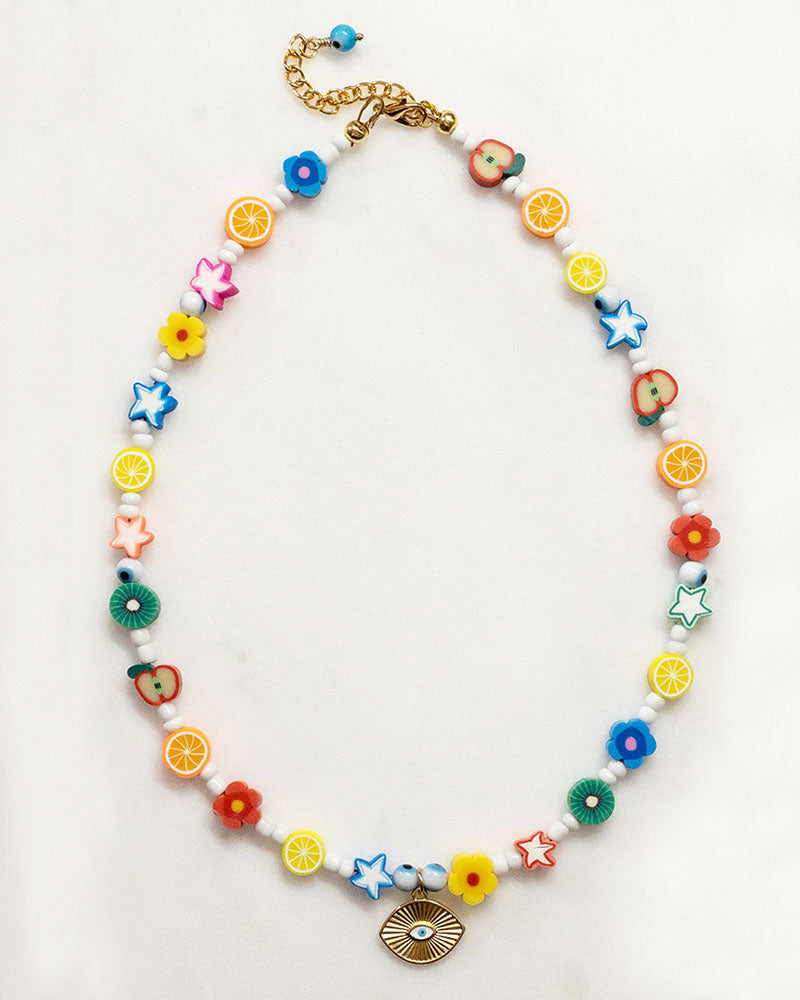 Colorful Beaded Summer Necklace With An Evil Eye Pendant
