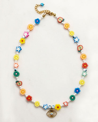 Colorful Beaded Summer Necklace With An Evil Eye Pendant