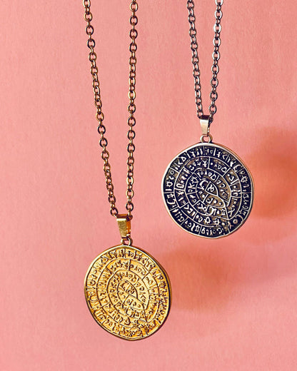 Phaistos Disc Pendant Necklace in gold and silver