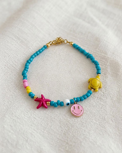 Pink Smiley Sea Turtle Beaded Anklet