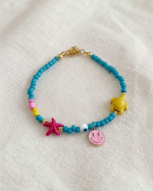 Pink Smiley Sea Turtle Beaded Anklet