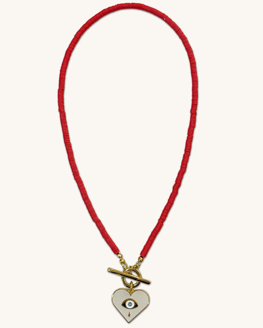 Toggle necklace with red heishi beads and a heart pendant