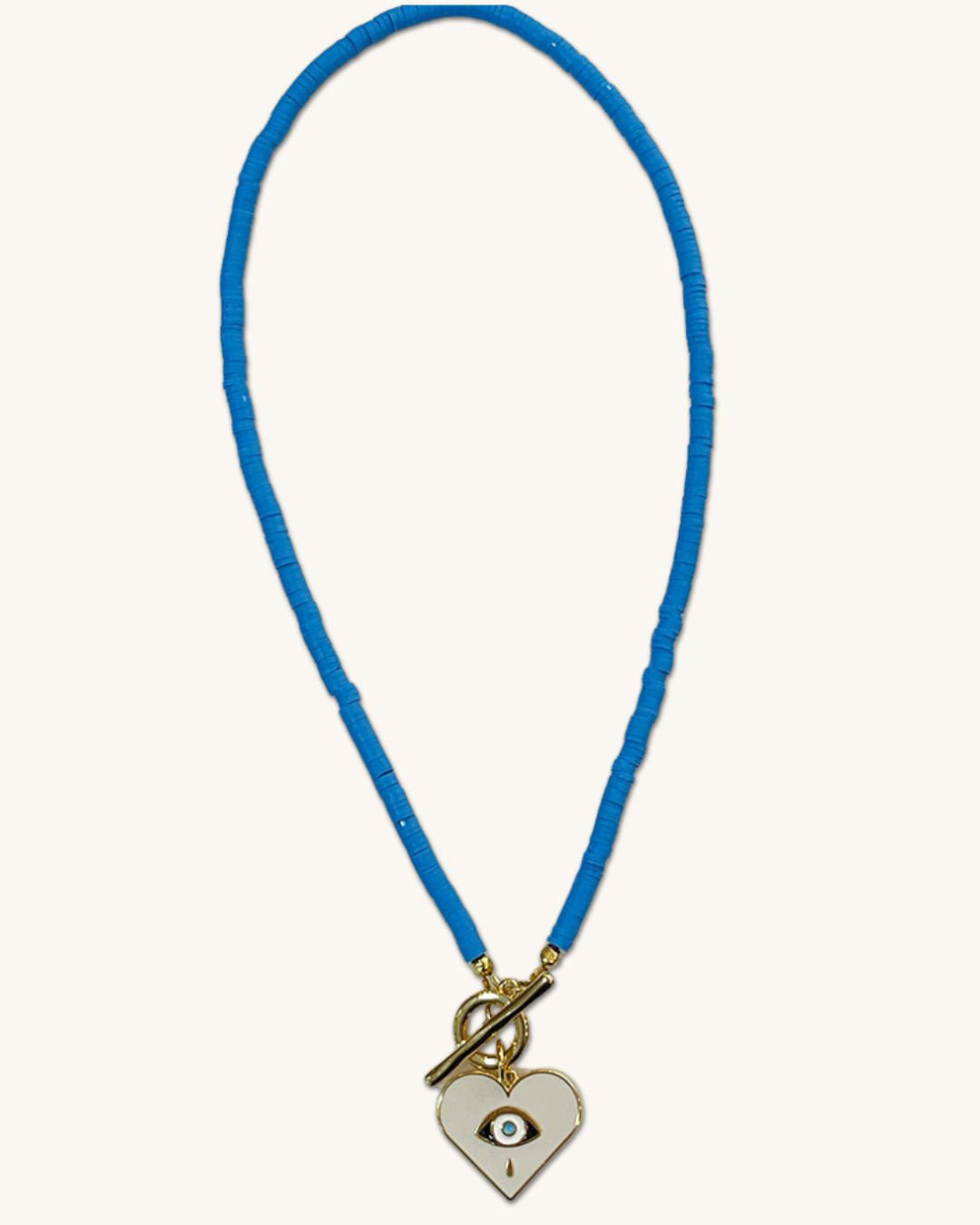 Toggle necklace with blue heishi beads and a heart pendant