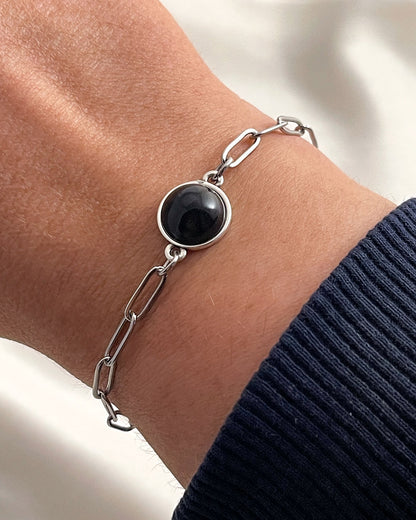BLACK ONYX GEMSTONE PAPERCLIP CHAIN BRACELET