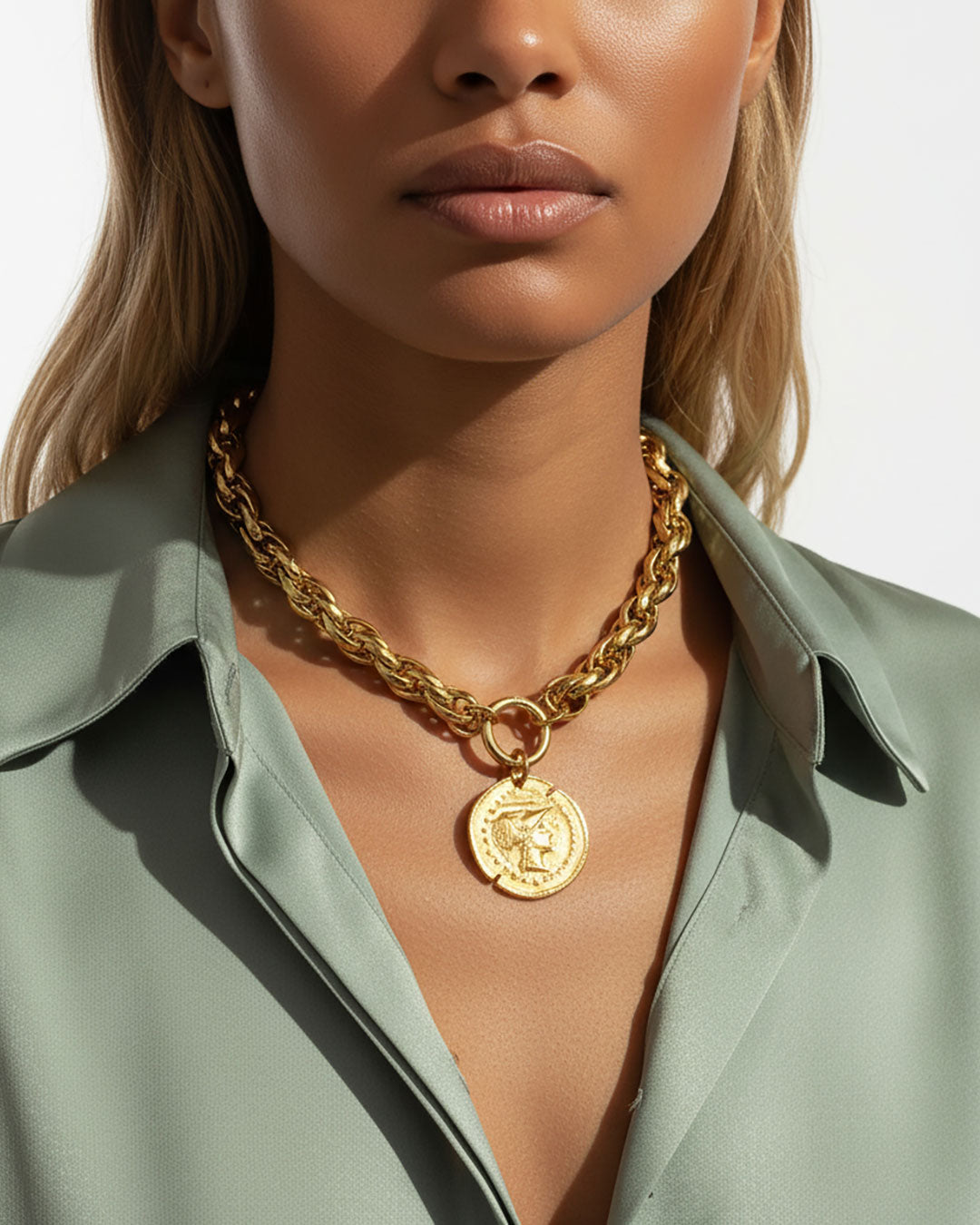 Model wearing a gold chunky chain necklace with a large Athena coin pendant.