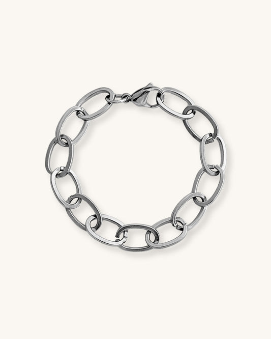 Chunky oval links chain bracelet in silver on a white background
