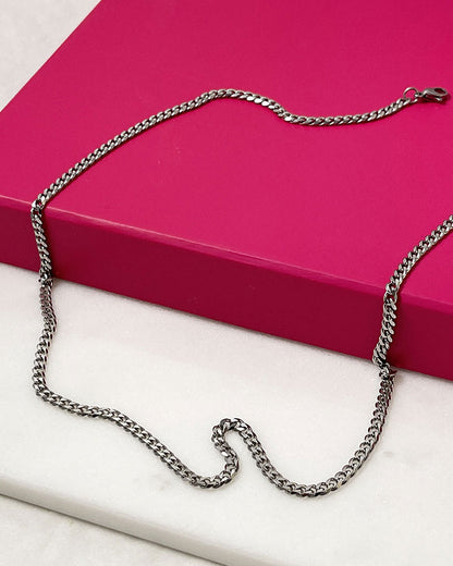 A silver curb long chain necklace 3 mm wide perfect for layering