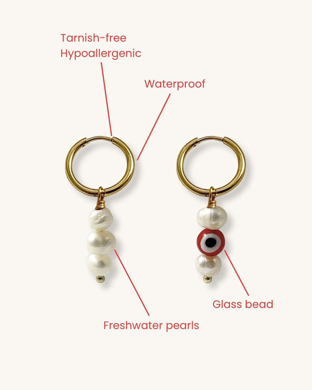 The Evil Eye Pearl Hoop Earrings, a pair of gold hoop earrings featuring freshwater pearls.