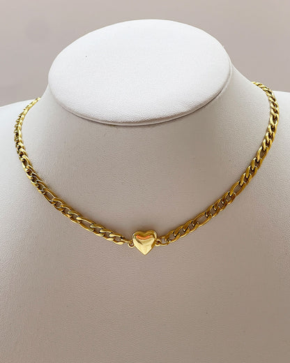Heart Choker Necklace with Figaro Chain and Magnetic Closure