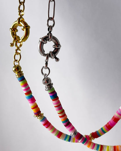 Pop Of Color Beaded Chain Necklace in gold and silver. Half paperclip chain half colorful round beads necklace with a spring clasp.