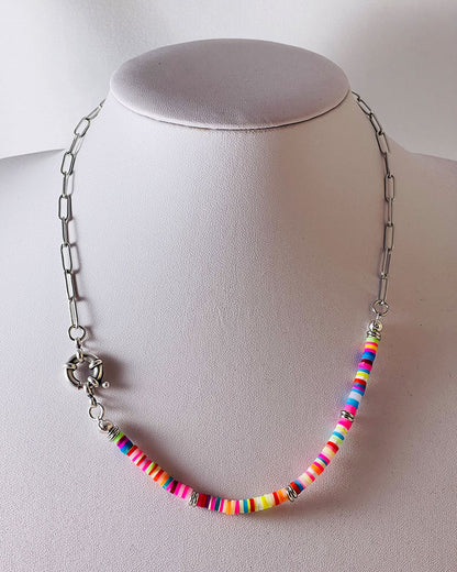 Pop Of Color Beaded Chain Necklace in silver. Half paperclip chain half colorful round beads necklace with a spring clasp.