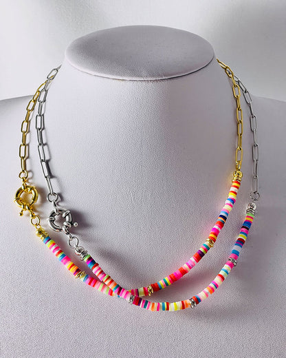 Pop Of Color Beaded Chain Necklace in gold and silver. Half paperclip chain half colorful round beads necklace with a spring clasp.