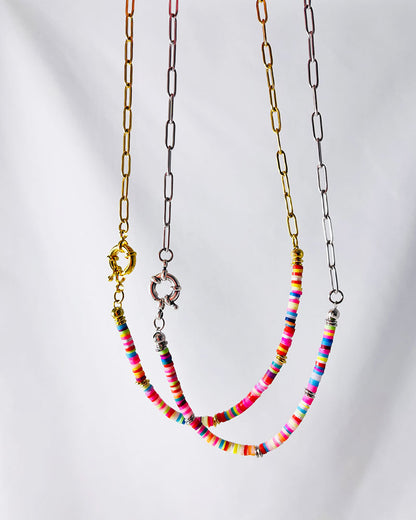 Pop Of Color Beaded Chain Necklace in gold and silver. Half paperclip chain half colorful round beads necklace with a spring clasp.