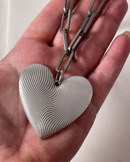 Chunky silver necklace with large heart pendant and paperclip chain - YOUROCKJEWELS