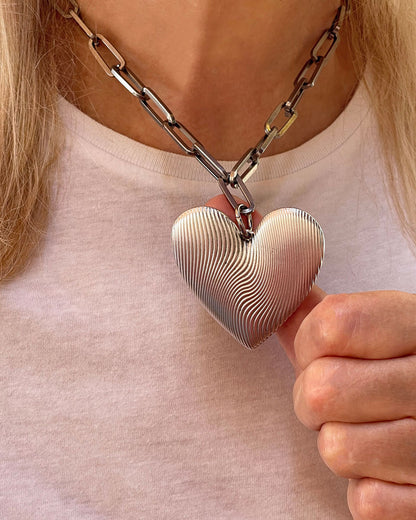 Chunky silver necklace with large heart pendant and paperclip chain - YOUROCKJEWELS