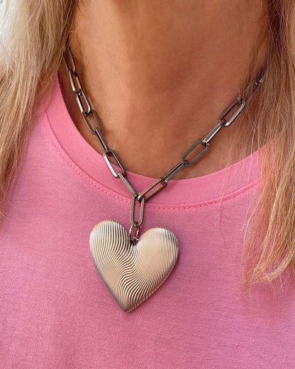 Chunky silver necklace with large heart pendant and paperclip chain - YOUROCKJEWELS
