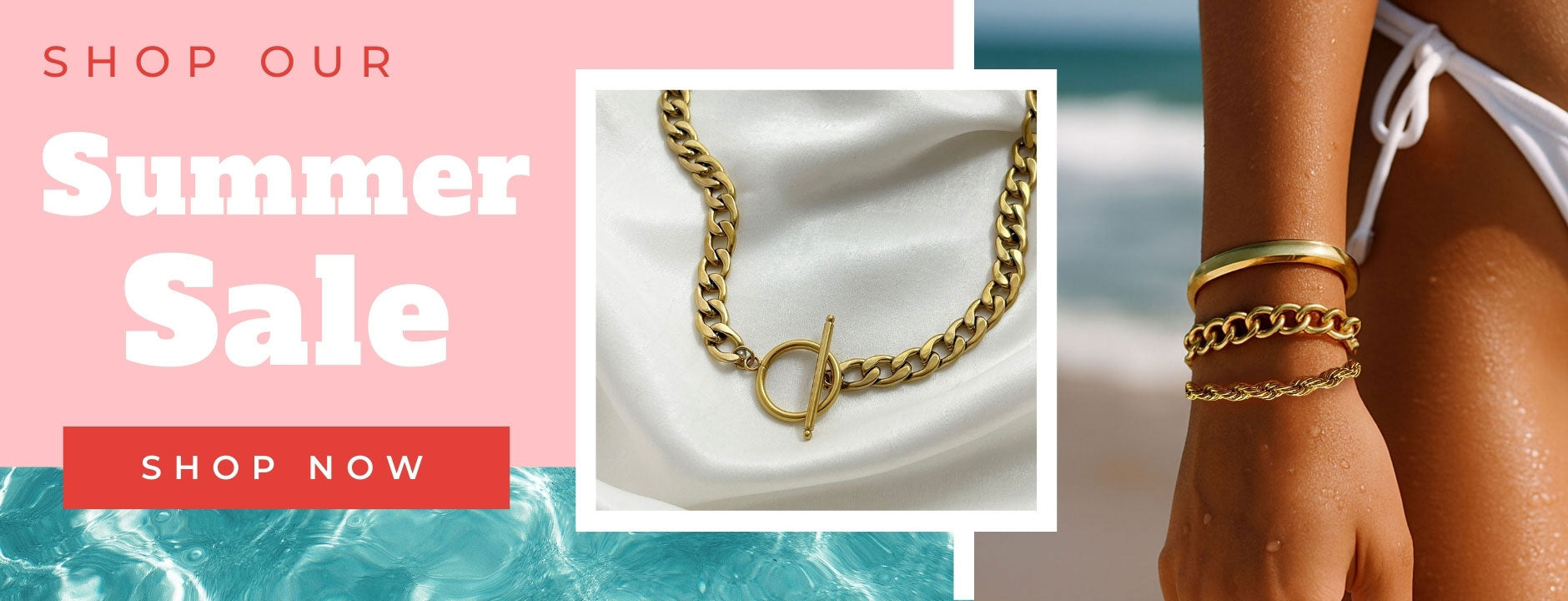 Promotional banner for a summer sale with jewelry images