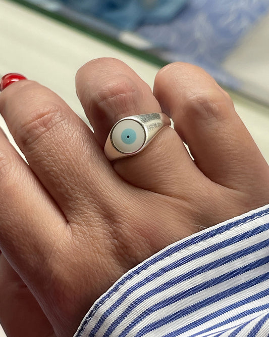 EVIL EYE WHITE RING IN SILVER