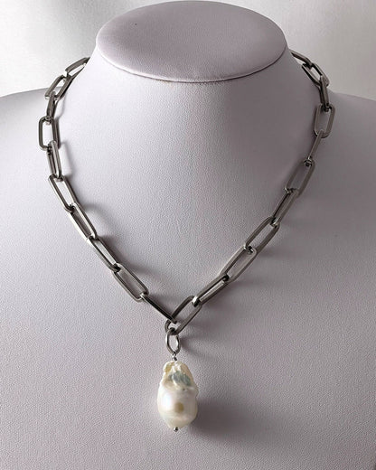 Baroque Pearl Paperclip Chain Necklace in Silver
