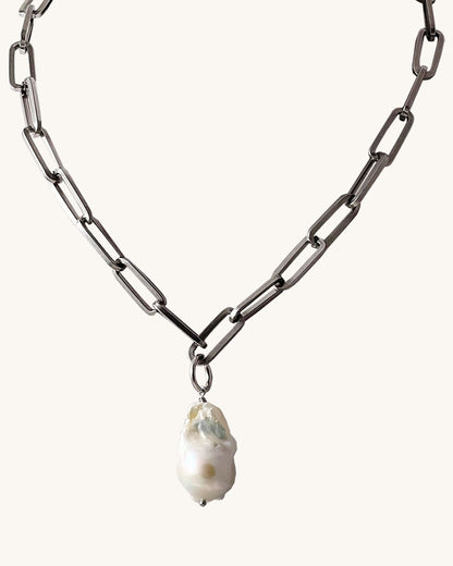 Baroque Pearl Paperclip Chain Necklace in Silver