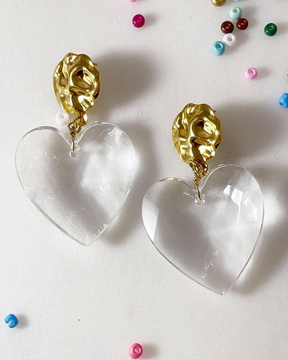 Gold Statement Earrings with large clear acrylic heart 
