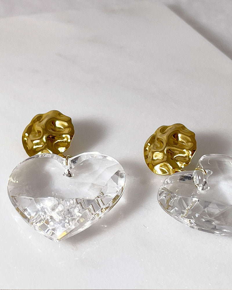 CLEAR ACRYLIC HEART GOLD DROP EARRINGS