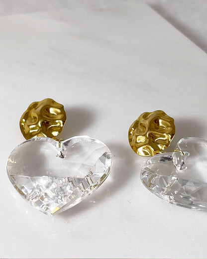 Gold Statement Earrings with large clear acrylic heart 
