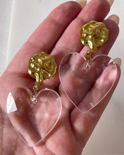 Gold Statement Earrings with large clear acrylic heart 