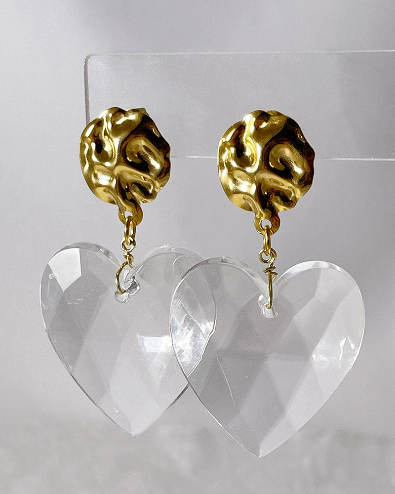 CLEAR ACRYLIC HEART GOLD DROP EARRINGS