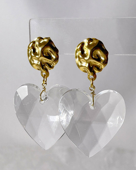Gold Statement Earrings with large clear acrylic heart 